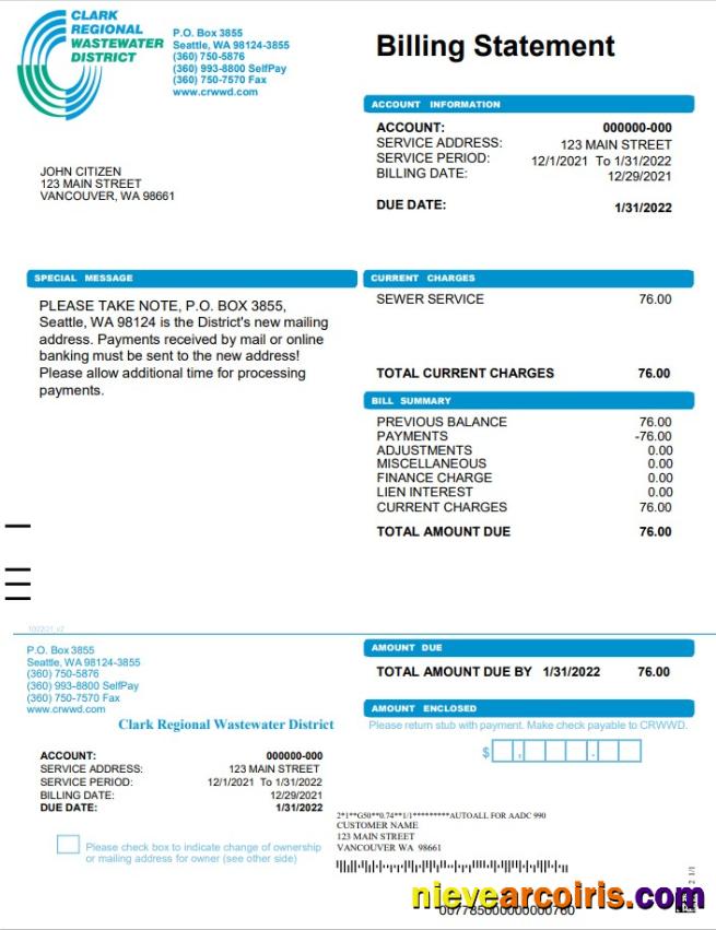 USA Washington Clark Regional Wastewater District utility bill